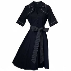 Elegant Black Cotton Dress with White Stitching